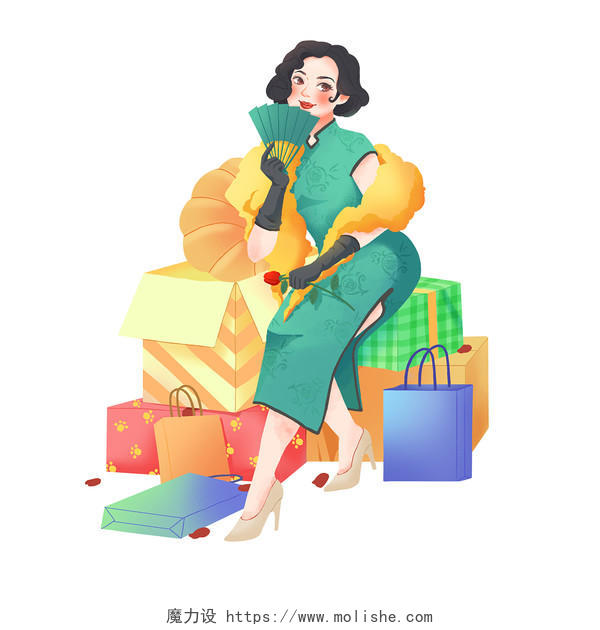 紫色旗袍女人购物短发包装盒购物三八节日手绘卡通素材38女生38女生女神妇女节